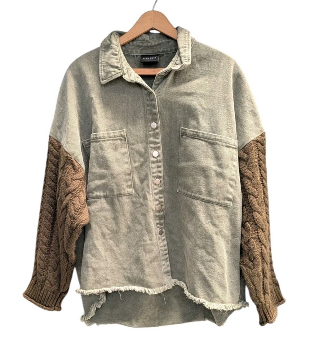 Miou Muse Oversized Denim Jacket W/ Sweater Sleeves Size M/L Olive Green GUC S